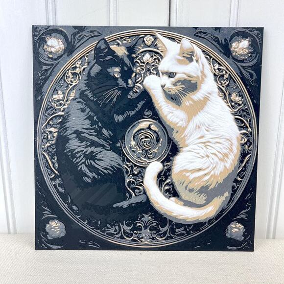 Ying Yang Cats Art Print, Black and White Cat Decor, Feline Mandala Art - Picture 1 of 9